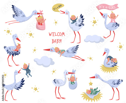 Flat vector set of white storks with babies. Lovely birds and newborn kids. Elements for children book or greeting card