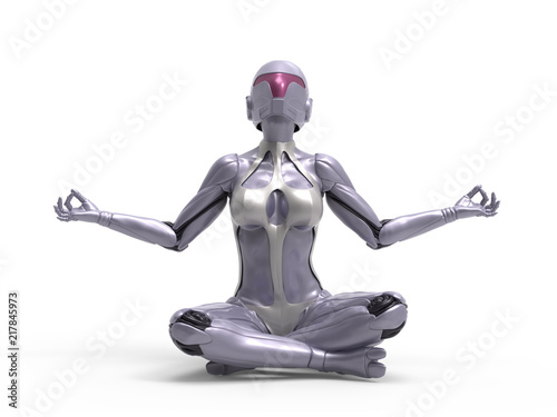 Robotic Cyber Woman is meditating 3D Rendering