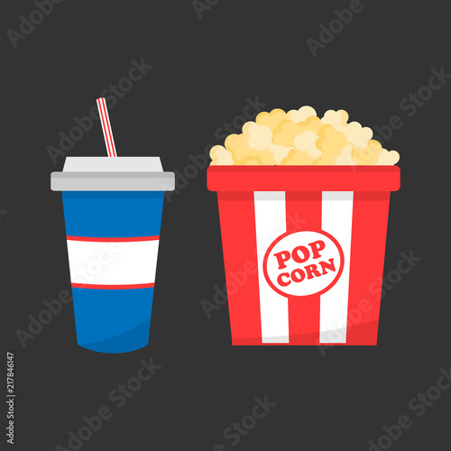 Set of cinema fast food, snacks. Popcorn in red and white paper box, soda drink in blue paper cup with striped straw. Isolated on grey background.