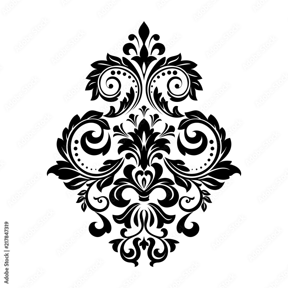 Damask graphic ornament. Floral design element. White and black vector