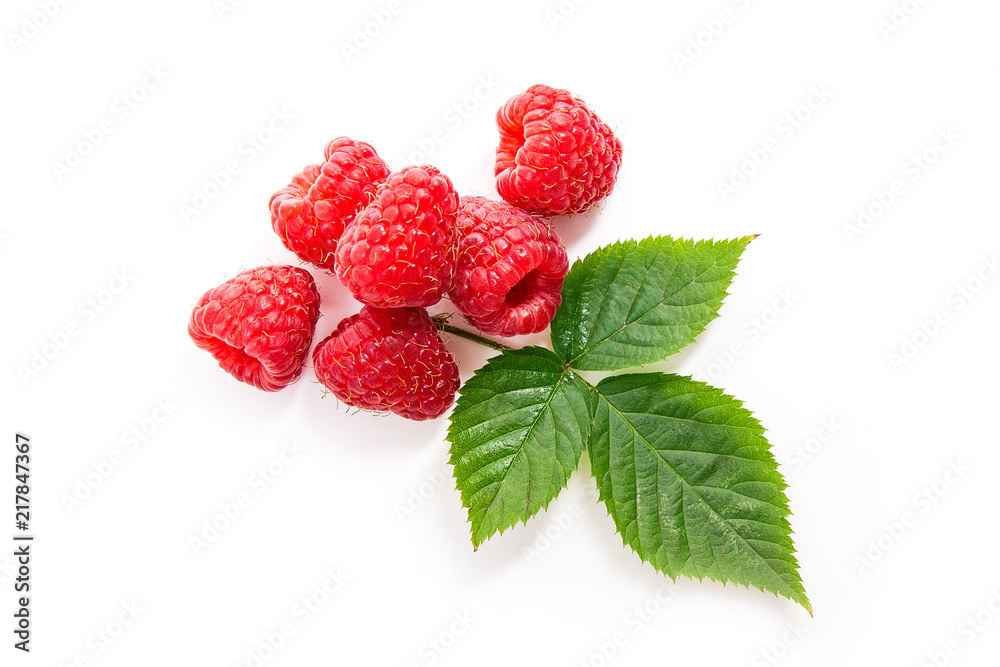 Ripe raspberries with leaf isolated on white background. Ripe raspberries with leaf isolated on white background.