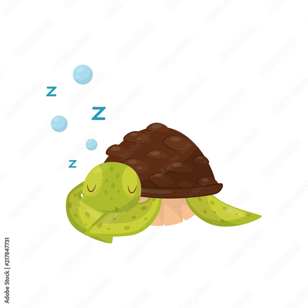 Flat vector icon of cute sleeping turtle. Marine animal. Green tortoise with brown shell. Element for children book or sticker