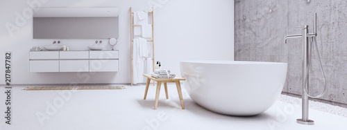 new modern zen bathroom with white and concrete wall. 3d rendering