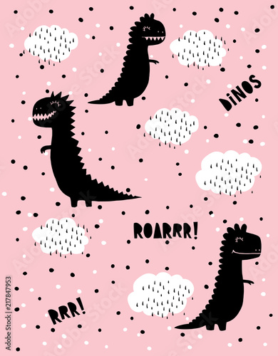 Cute Abstract Black Dinosaurs Vector Pattern. Black Dinos on a Pnik Background. White Clouds. Hand Drawn Infantile Design. Hand Written Text. Irregular Black and White Dots on a Pink Layout.  photo