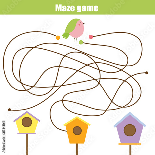 Maze game: animals theme. Help bird find birdhouse. Activity for children and kids