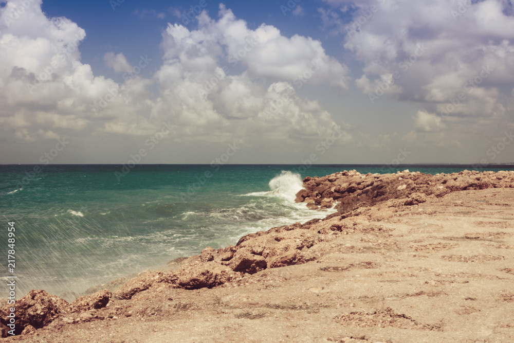 summer southern view of the sea shore. the wave runs on the rocks. vintage vanilla tinted summer southern view of the sea shore. the wave runs on the rocks. vintage vanilla tinted