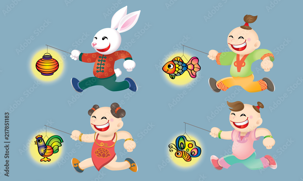 Naklejka premium Chinese Mid Autumn Festival design with traditional costume's kids playing lanterns. Isolated.