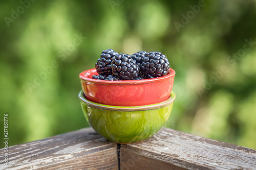 Ceramic bowl with ripe blackberries on a green background. Free space photo