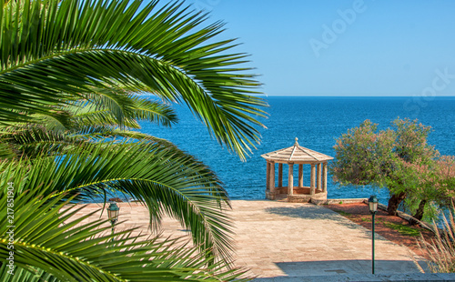 Palm leafs against blue sea and alcove. Spain. Sagaro. Mediterranean Sea.