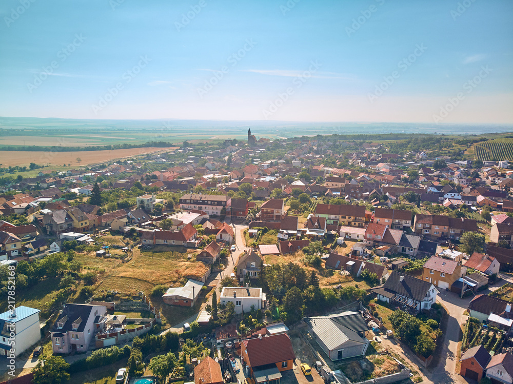 Aerial view of countryside with city and blue sky, Czech Republic
