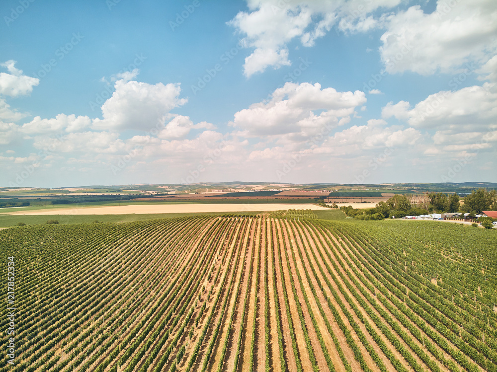 Aerial view of agricultural fields and sky with clouds, Czech Republic