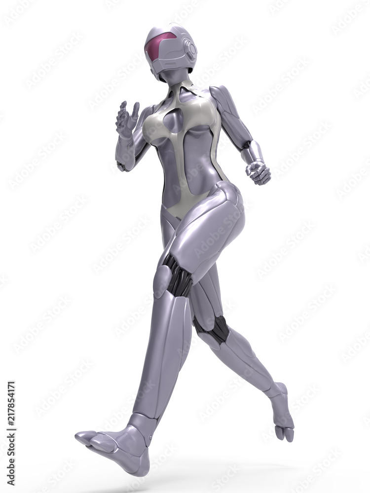 Robotic Cyber Woman is running 3D Rendering