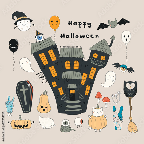 Wallpaper Mural Hand drawn vector illustration of a haunted house, kawaii funny cartoon characters, with text Happy Halloween. Isolated objects. Line drawing. Design concept for print, card, party invitation. Torontodigital.ca