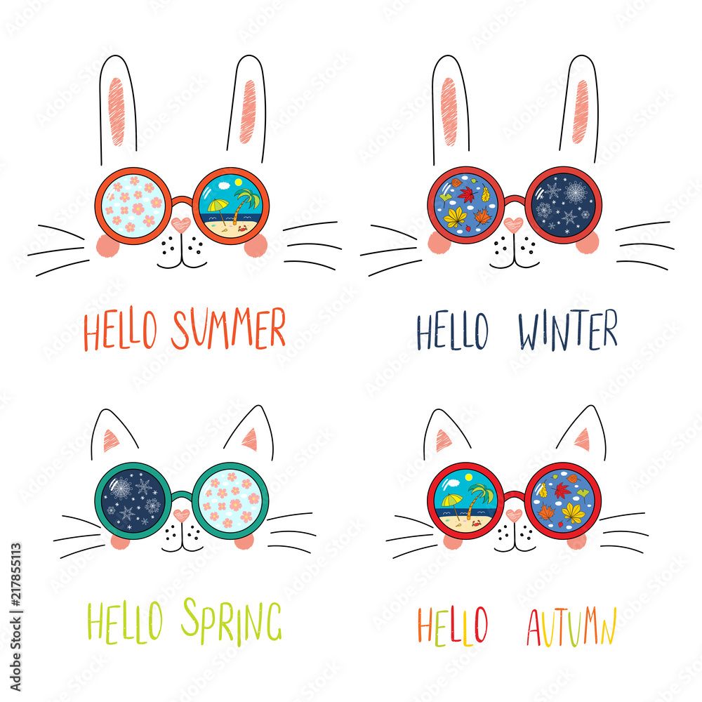 Set of cute cat, bunny faces in sunglasses with summer, autumn, winter ...