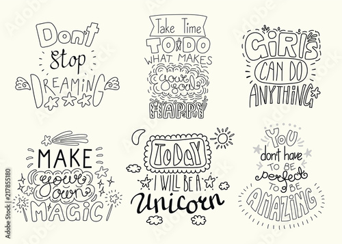 Set of hand written inspirational lettering quotes. Isolated objects. Hand drawn black and white vector illustration. Design concept for t-shirt print, motivational poster.