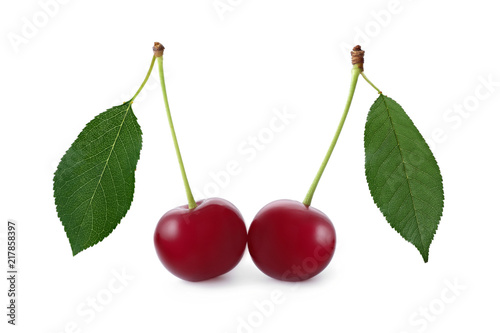 Cherry with leaf isolated on white background.