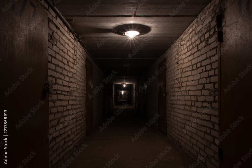 Dark long corridor in a basement with metal doors