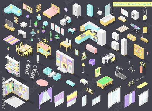 Vector big set of low poly isometric furniture and decoration for home interiors - living room, bedroom, kids room, bath, kithen, laundry and other in pastel colors