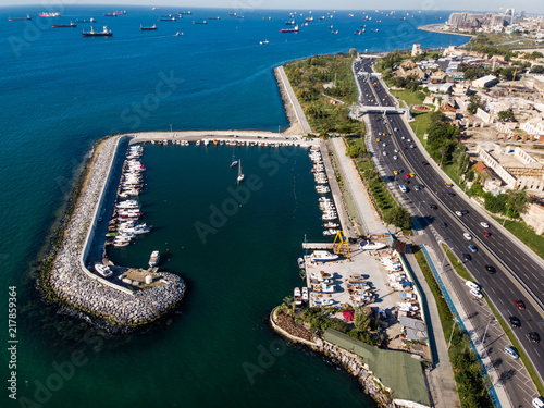 Aerial Drone View of Marina Pier in Yenikapi Bakirkoy / Istanbul Seaside in Turkey photo