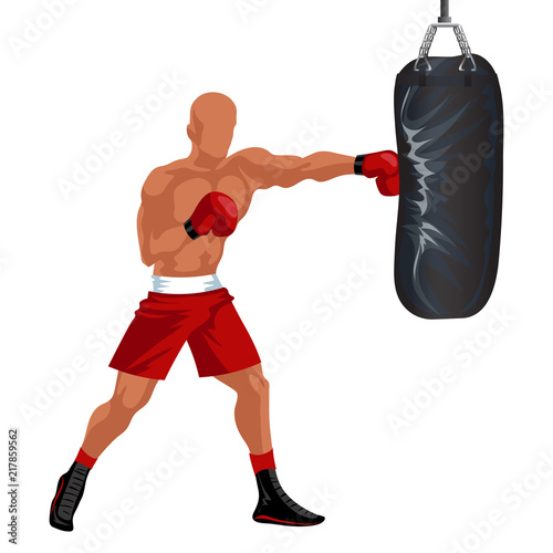 Sportsman boxing punching bag. Professional boxer in red shorts and gloves hitting sandbag vector illustration.