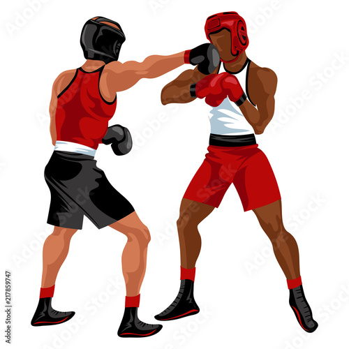 Two boxers fighting. Battle spectacle event with knockdown between professional sportsmen in sportswear vector illustration. © anutaberg