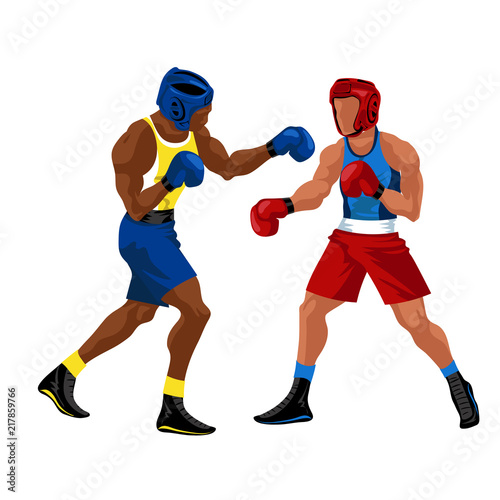 Boxing match in ring flat poster. Professional boxers in sportswear and equipment having battle spectacle event vector illustration.