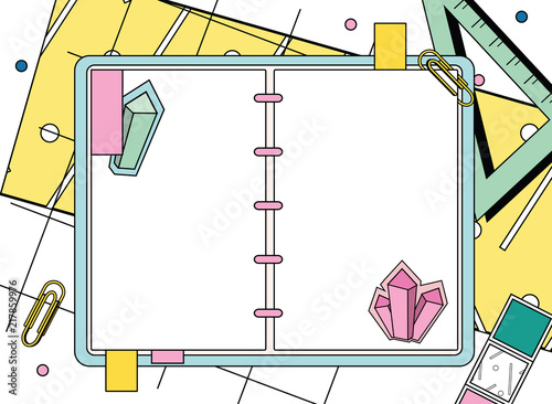 Opened notepad decorated with stickers. top view. Trendy modern style illustration of blank sketchbook, diary. Notebook mock up