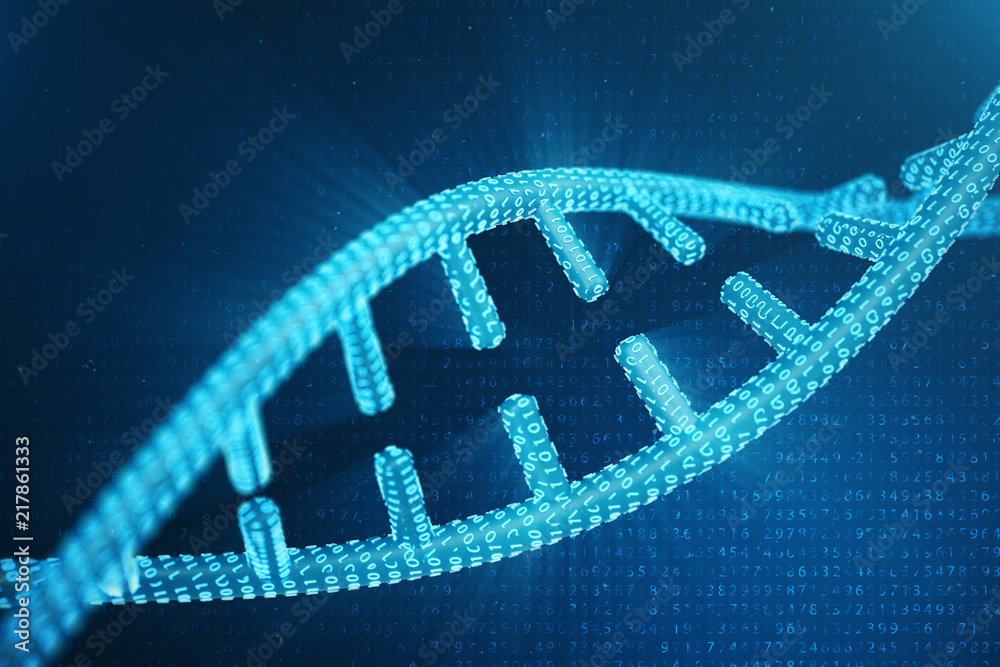 Digital DNA molecule, structure. Concept binary code human genome. DNA molecule with modified genes. 3D illustration