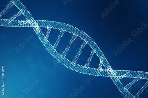 Fototapeta Naklejka Na Ścianę i Meble -  Digital DNA molecule, structure. Concept binary code human genome. DNA molecule with modified genes. 3D illustration