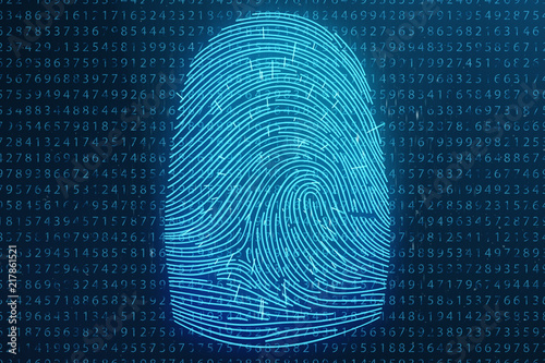 3D illustration Fingerprint scan provides security access with biometrics identification. Concept Fingerprint protection. Finger print with binary code. Concept of digital security