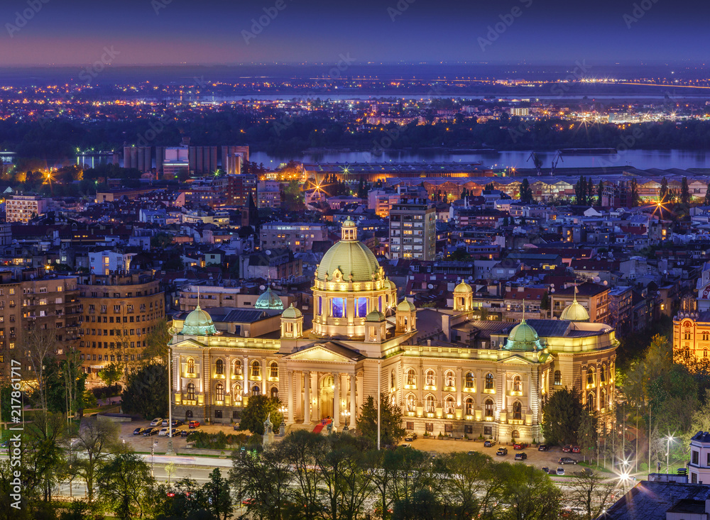 Aerial view the House of the National Assembly of the Republic of Serbia and Danube river by night