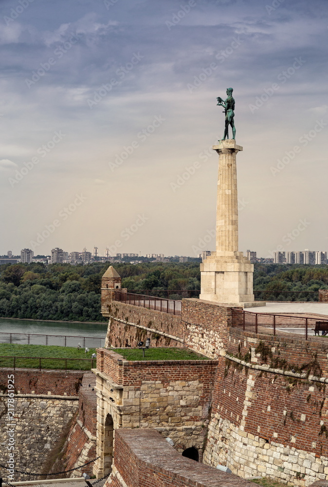 Kalemegdan fortress and Victor monument Belgrade, Usce Sava and Danube confluence view at sunny summer day, blue sky with small white clouds