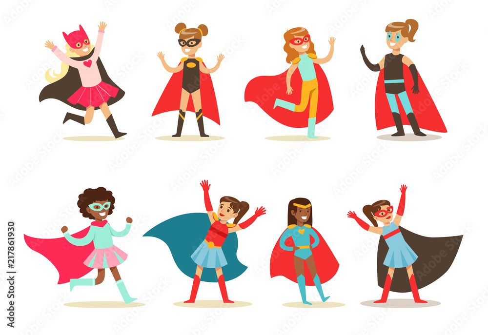 Girls in superhero costume set, pretty little super girls vector Illustrations on a white background