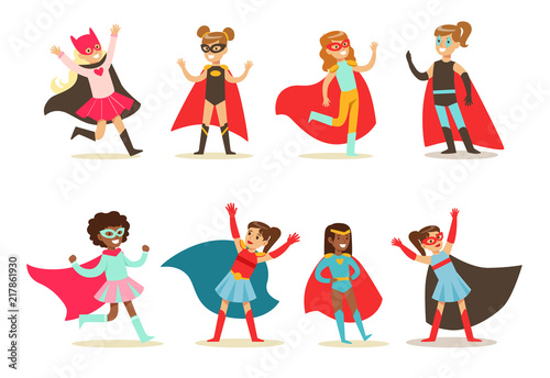 Платно Girls in superhero costume set, pretty little super girls vector Illustrations o