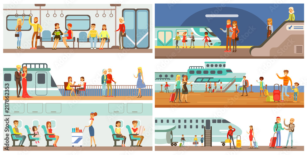 People in public transport set, passengers of the underground, airplane, cruise ship vector Illustrations