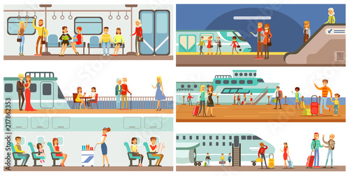 People in public transport set, passengers of the underground, airplane, cruise ship vector Illustrations