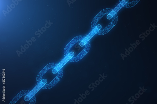 Block chain concept, digital block chain technology. Cryptocurrency, concept of digital code. Low polygonal grid of triangles glowing in blue dot network, abstract background. 3D illustration