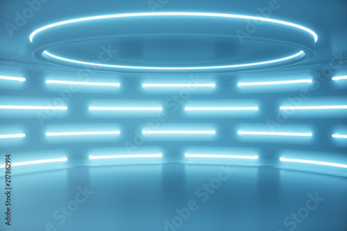 Fotografie Interior blue futuristic background, sci-fi interior concept