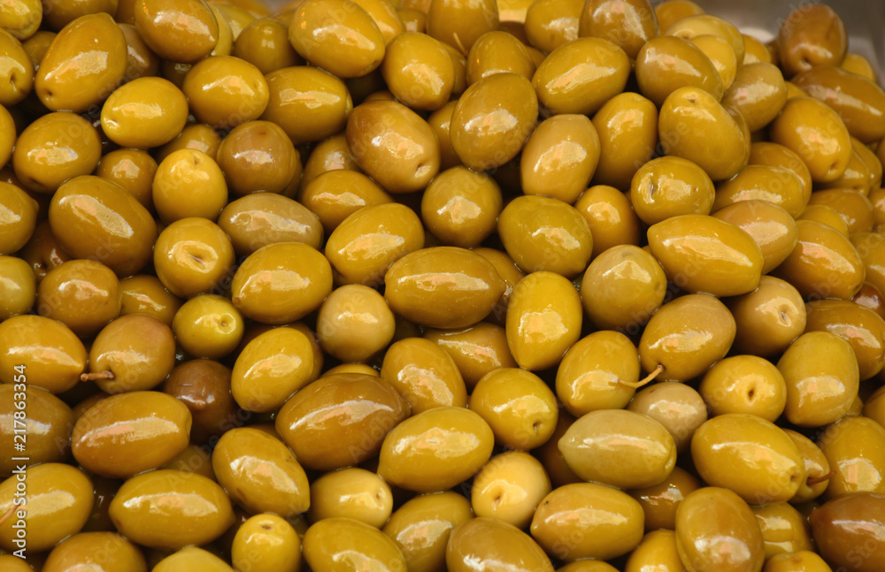 Pitted green Olives in the market at Athens Greece. Pitted green Olives in the market at Athens Greece.