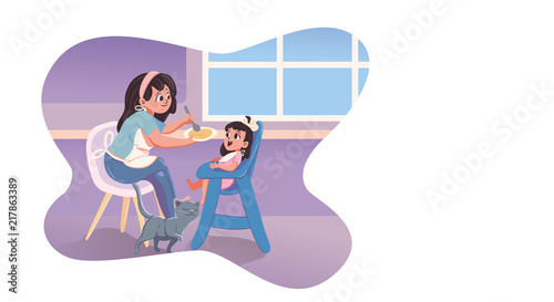 babysitter feeding kid in kitchen