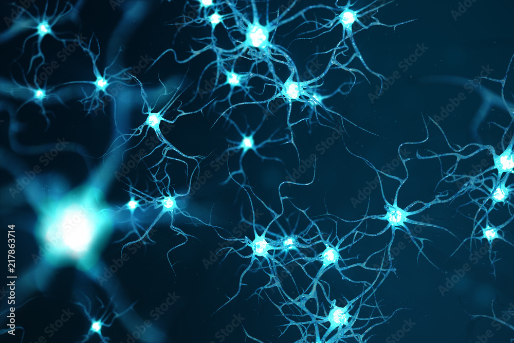 Conceptual illustration of neuron cells with glowing link knots. Neurons in brain on with focus effect. Synapse and Neuron cells sending electrical chemical signals. 3d illustration Conceptual illustration of neuron cells with glowing link knots. Neurons in brain on with focus effect. Synapse and Neuron cells sending electrical chemical signals. 3d illustration