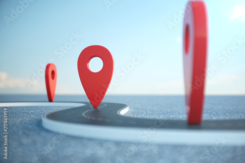 Road way location Infographic with pin pointers. Road way with red pointers. Road way on cloudy blue sky background. 3D illustration