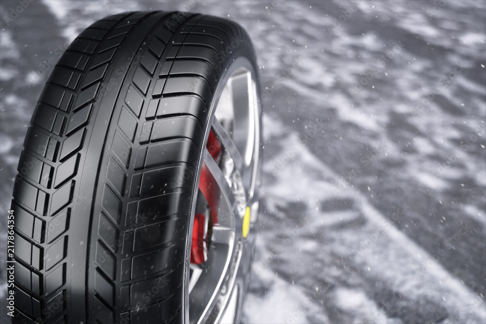 Car wheel, car tire standing on a road. Concept winter tyres. Winter tires with snowy background. Car tire with a disc standing on the road. 3D illustration