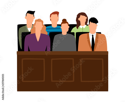 Jury trial. Jurors court in courtroom, prosecution people vector illustration