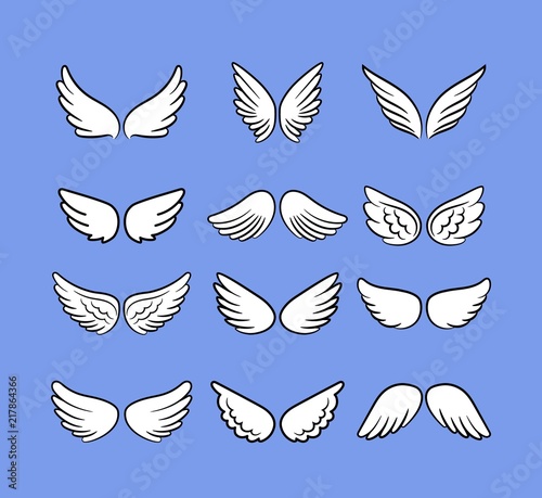 Cartoon angel wings set. Hand drawn wings isolated on white, cartoon birds or angels vector sketch icons