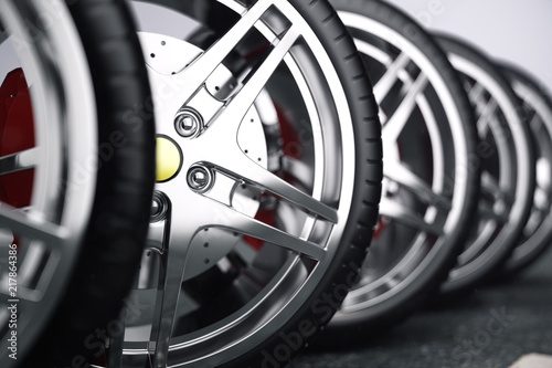 Wallpaper Mural Car wheel, car tire standing on a road. Concept tyres. Car tire with a disc standing on the asphalt road. 3D illustration Torontodigital.ca