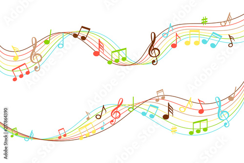 Musical flow. Vibrant color music soundwave pattern isolated on white, audio wave melody swirl vector illustration