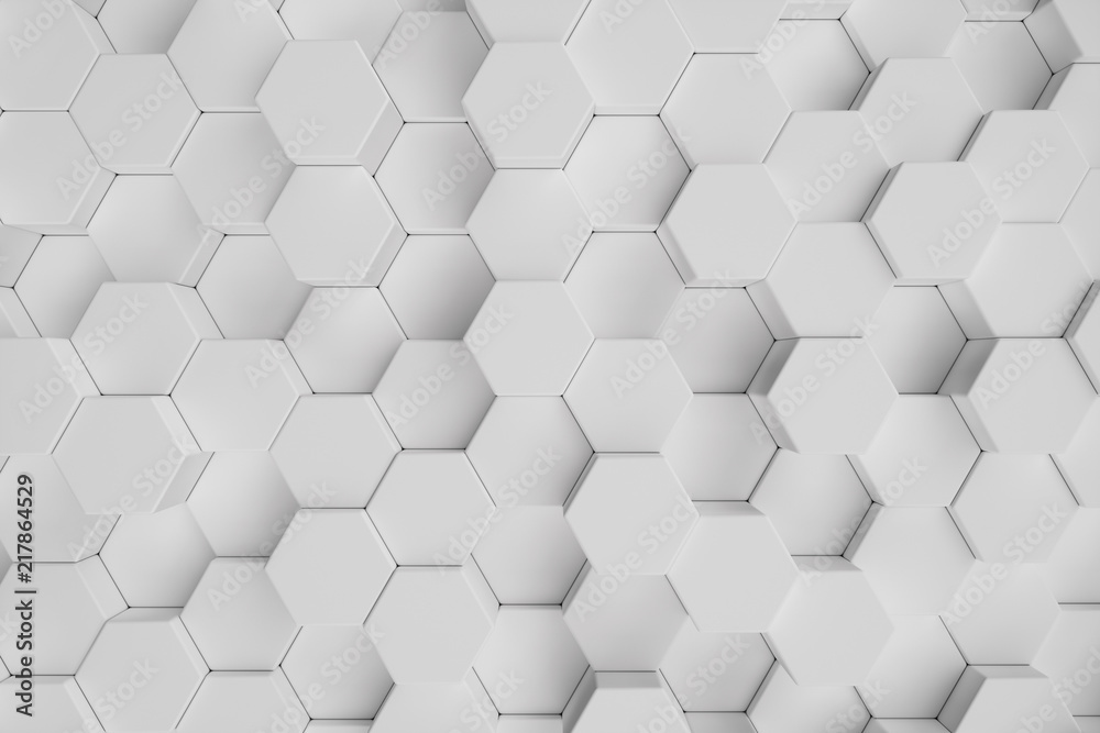 3D illustration white geometric hexagonal abstract background. Surface hexagon pattern, hexagonal honeycomb.