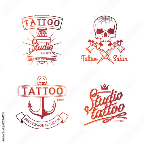 Tattoo studio logo. Colorful logos for tattoo parlor templates. Vector retro tattooing art shop emblems with skull and anchor isolated on white