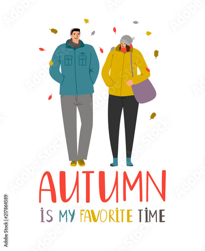 Autumn couple. Young people in falling leaves vector illustration  love family couple in autumn park isolated on white